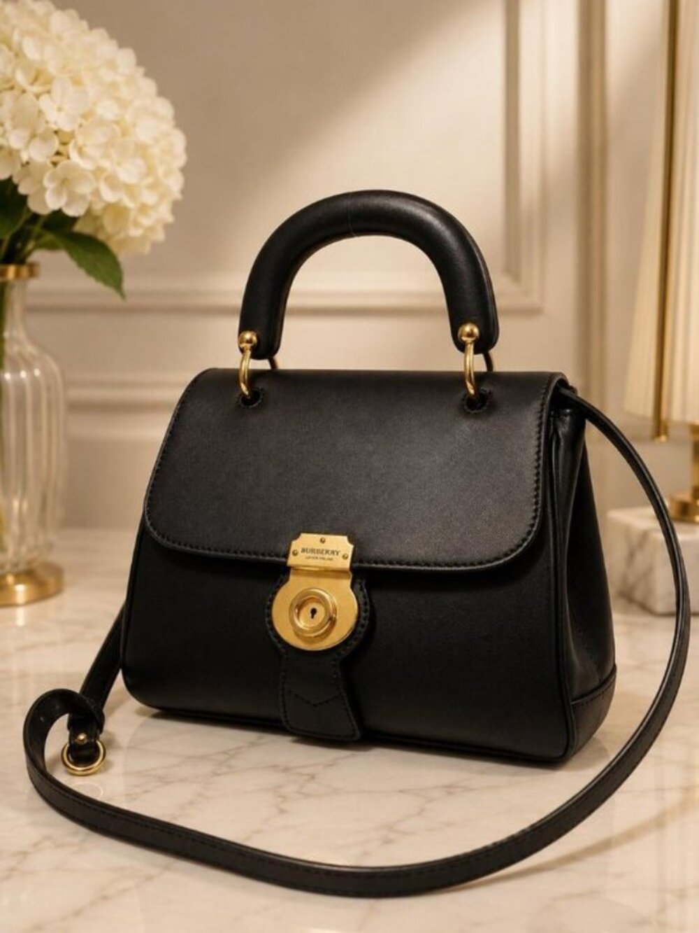 Authentic Burberry DK88 Black Leather Satchel Top Handle Crossbody Bag